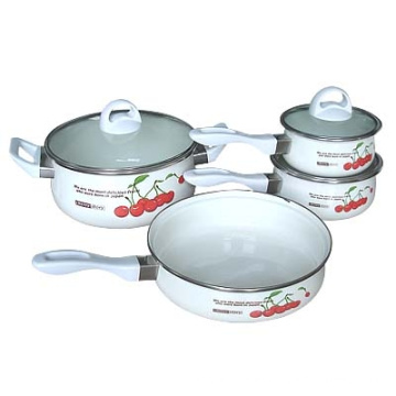 Juegos de utensilios de cocina de esmalte de porcelana 7pcs con tapa de vidrio